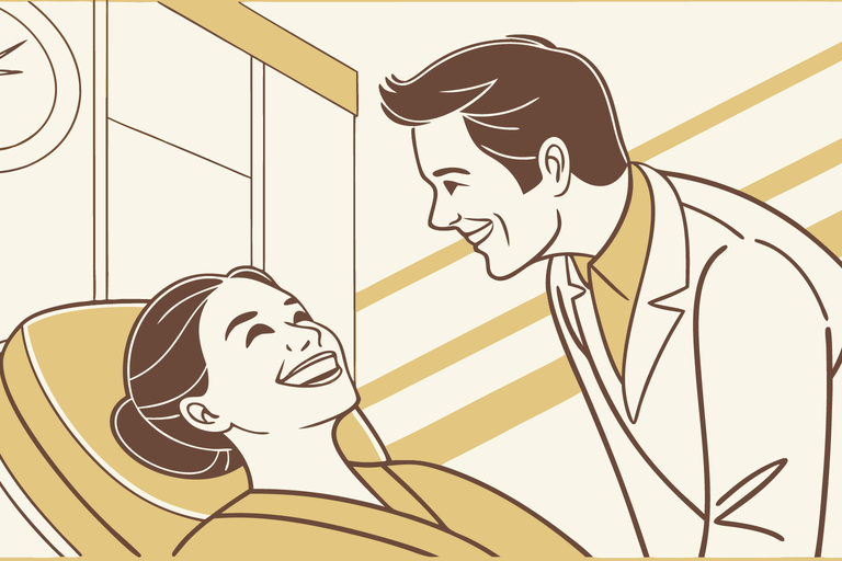 A man and woman seated in dental chairs, engaged in a dental examination at a clinic.