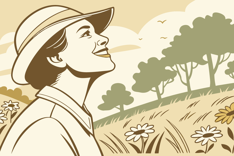 A woman in a hat stands in a flower field, symbolizing the beauty of dentistry and nature's harmony.